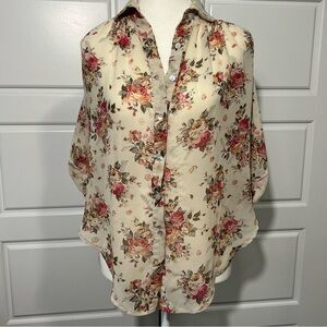 Floral Print Sheer Button Down Shirt Romantic Blouse Flowy Top Akualani Medium